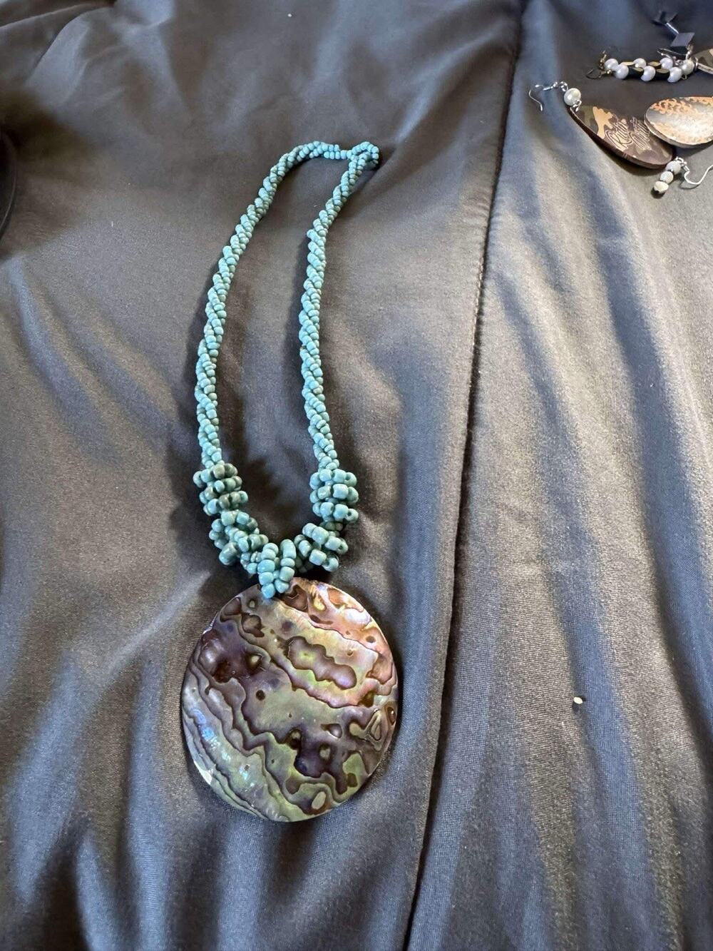 Turquoise Beaded Necklace + Mother of Pearl Round Pendant1970s Lee Sands 18"